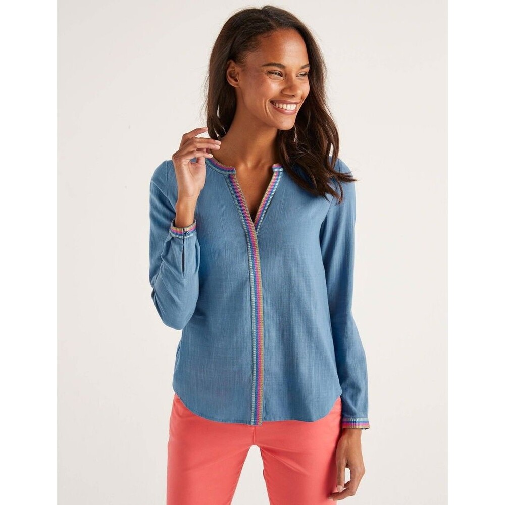 Boden Womens Clea Embroidered Top Hidden Buttons Blue Multicolor Size US 6